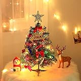 Árbol de Navidad de mesa de 60 cm, mini árbol de Navidad artificial con cadena de luces LED y adornos